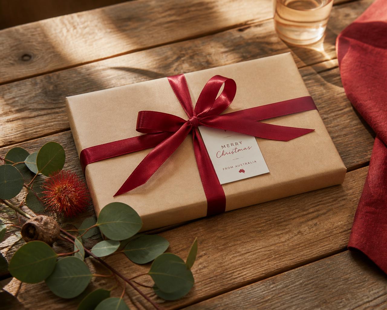 Flat gift wrapped in kraft paper with a red ribbon